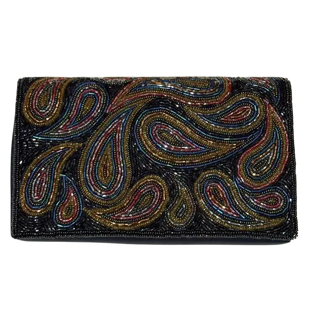 Vintage Beaded Paisley Convertible Clutch Purse Handbag Magnetic Snap Black